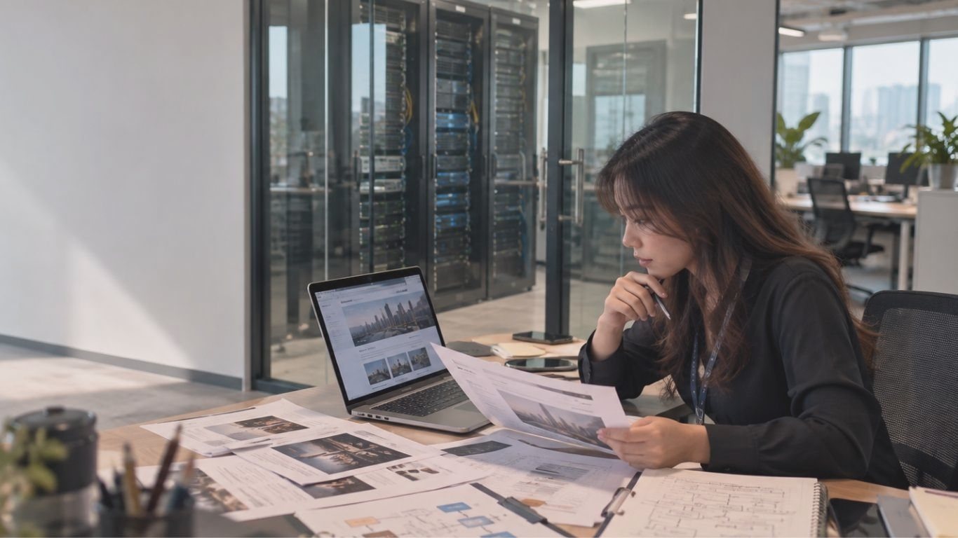 Someone reviewing existing documents beside a server room