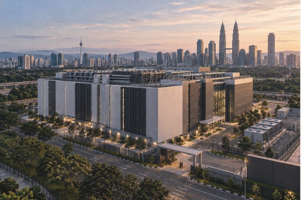 A data centre building with the Kuala Lumpur skyline behind it