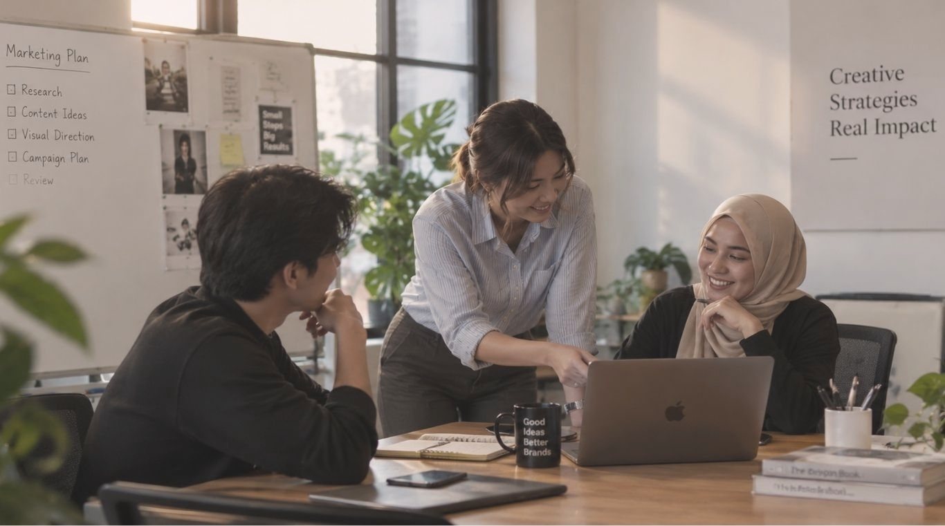 Three colleagues talking through work on a laptop in an office