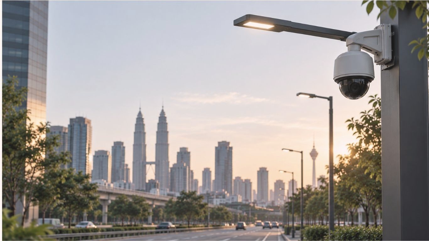 A street light and CCTV camera on a Kuala Lumpur road