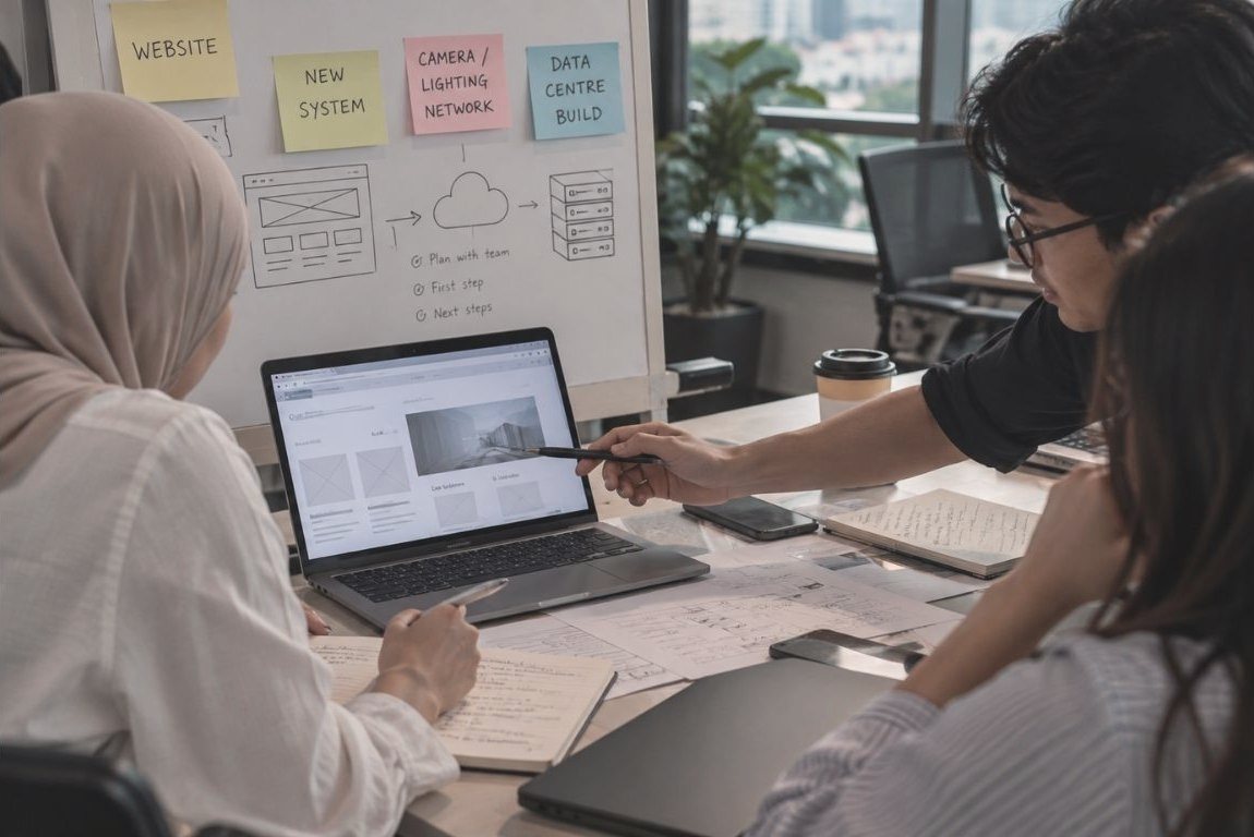 A team planning a new project around a laptop and sticky notes