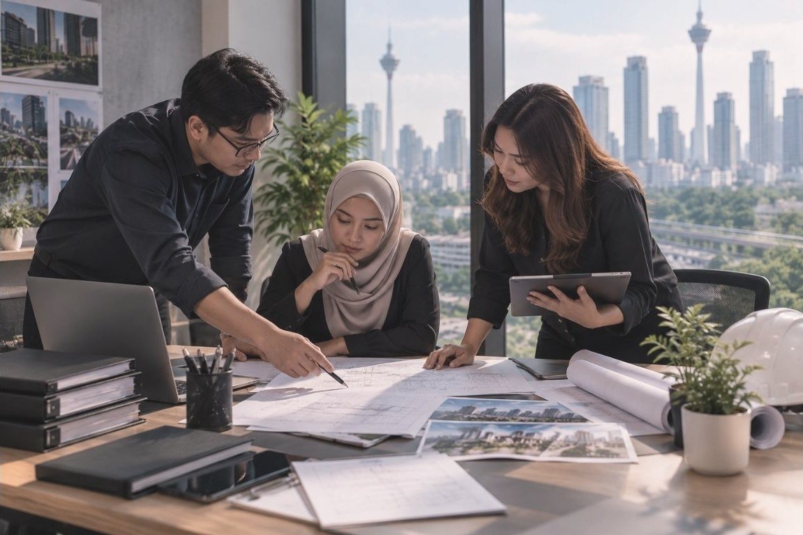 Three colleagues planning a project over drawings in a Kuala Lumpur office