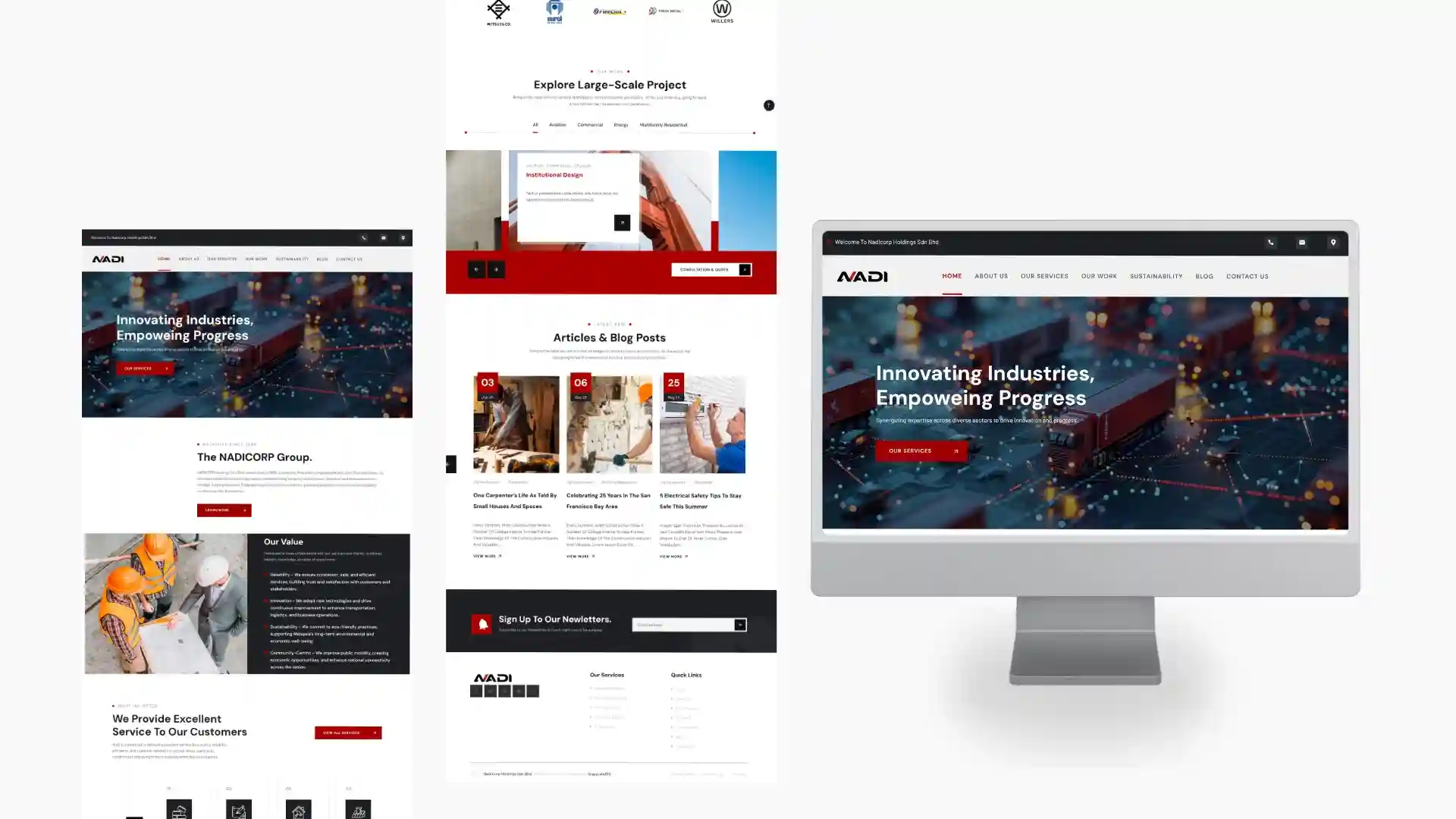 NADI website showcasing project designs, blog posts, and company values with a modern, clean layout.