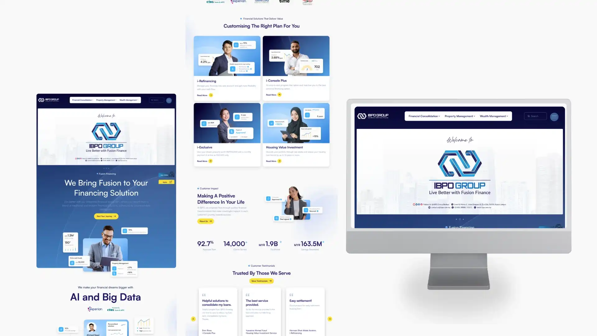 IBPO website featuring i-Refinancing & i-Console Plus in desktop mockups.