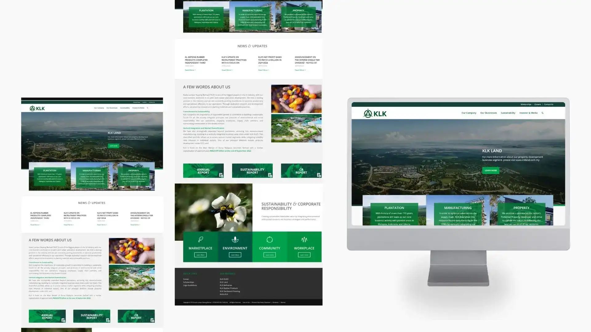 KLK website design featuring plantation, manufacturing, and property sectors.