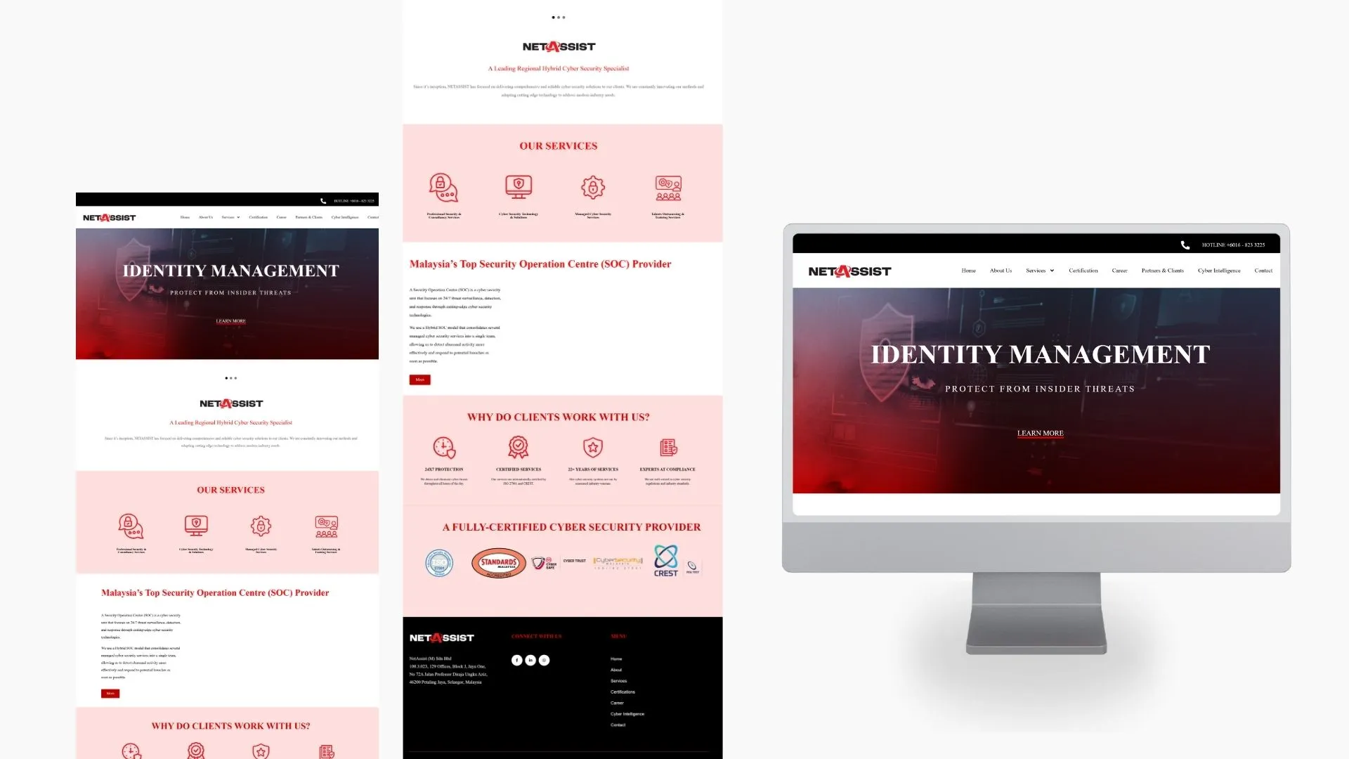 Cybersecurity site featuring identity management, SOC services & testimonials.