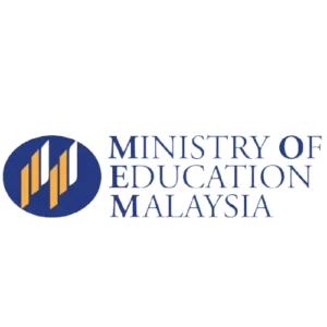 Ministry of Education Malaysia logo with blue circle and stylized yellow emblem.