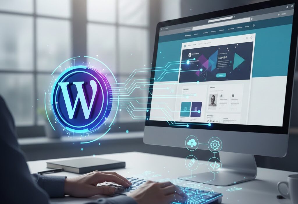 professional workspace featuring a developer working on a wordpress website